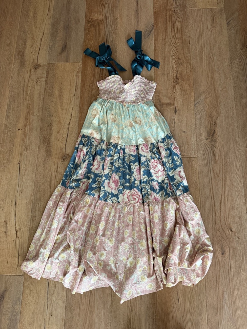 Bohemian Floral Tiered' Dress with Teal Ribbon Straps